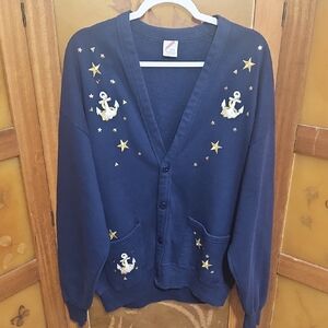 Vintage 80's/90's Coastal Embellished Navy Cardigan with Nautical Embroidery